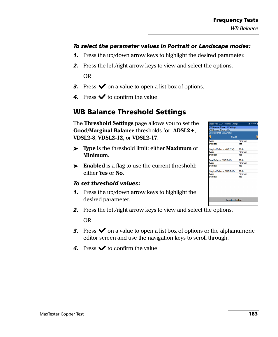 Wb balance threshold settings | EXFO MaxTester MAX-610 User Manual | Page 191 / 281