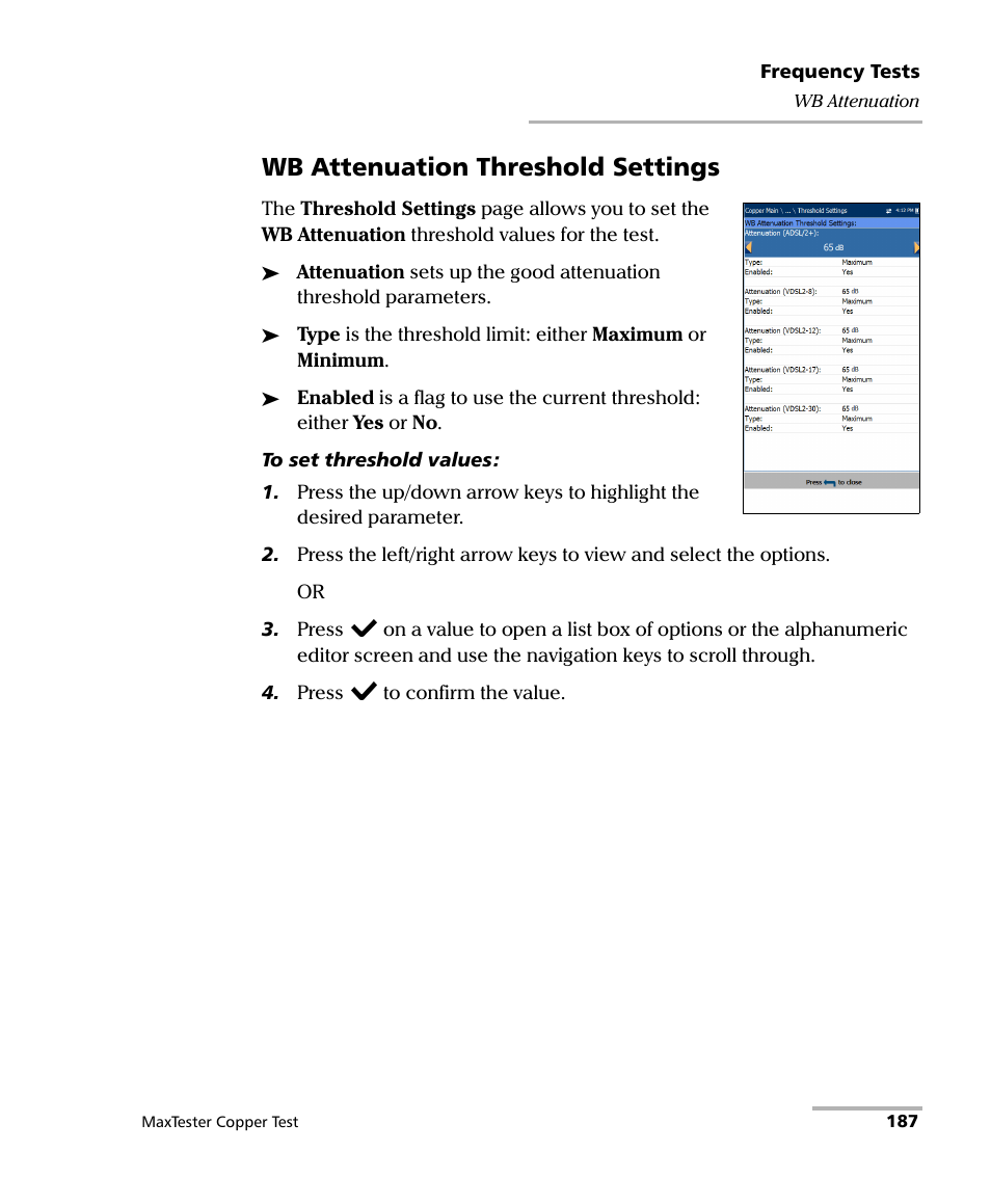 Wb attenuation threshold settings | EXFO MaxTester MAX-610 User Manual | Page 195 / 281