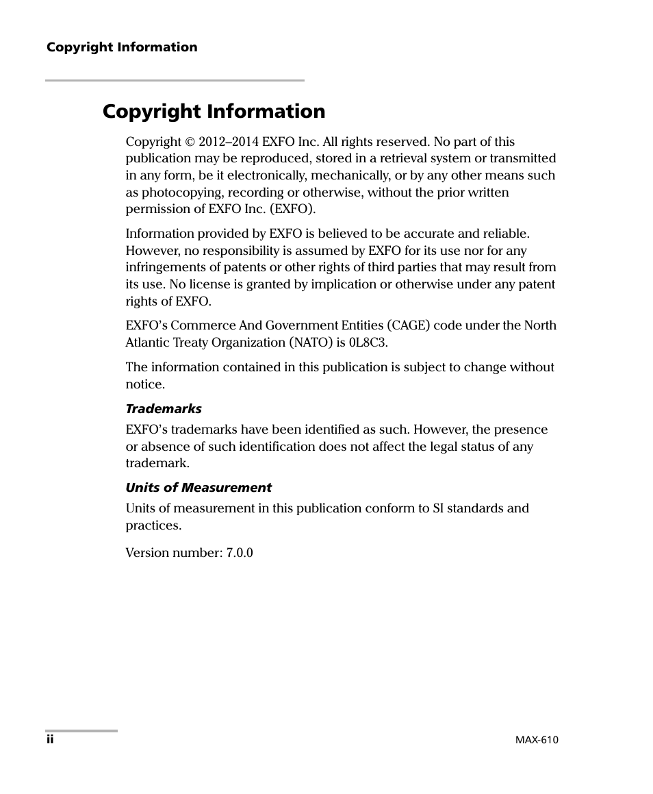 Copyright information | EXFO MaxTester MAX-610 User Manual | Page 2 / 281