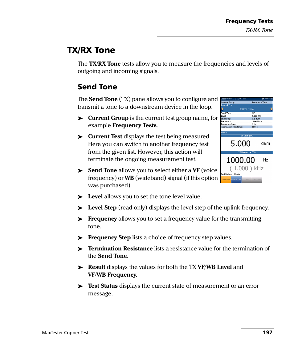 Tx/rx tone, Send tone | EXFO MaxTester MAX-610 User Manual | Page 205 / 281