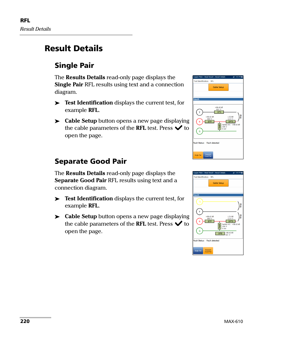 Result details, Single pair, Separate good pair | EXFO MaxTester MAX-610 User Manual | Page 228 / 281