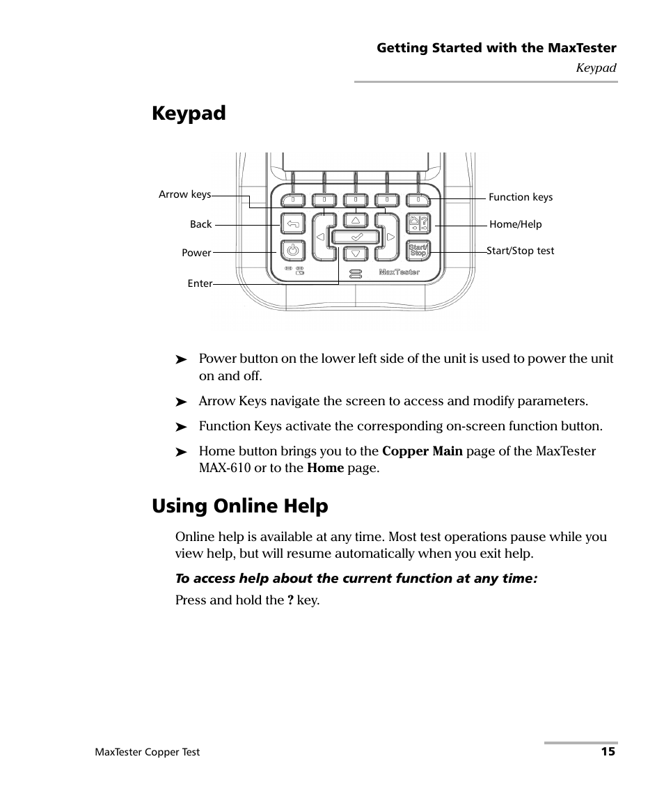 Keypad, Using online help, Keypad using online help | EXFO MaxTester MAX-610 User Manual | Page 23 / 281