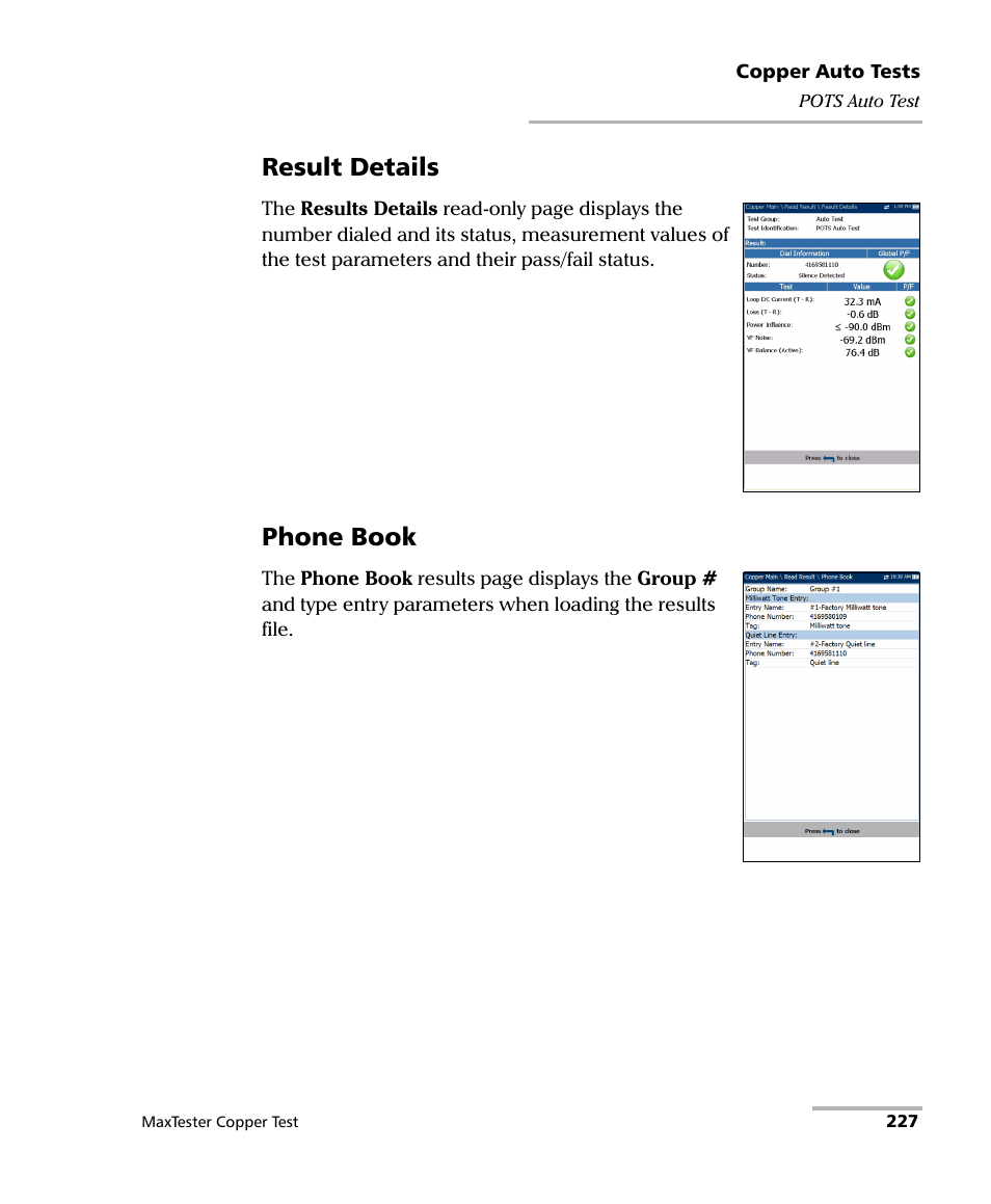 Result details, Phone book | EXFO MaxTester MAX-610 User Manual | Page 235 / 281