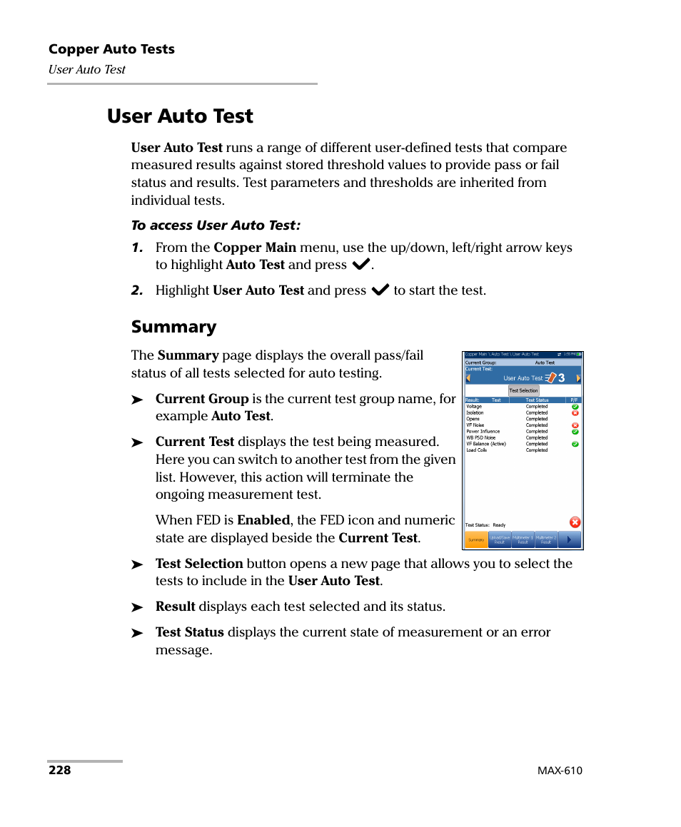 User auto test, Summary | EXFO MaxTester MAX-610 User Manual | Page 236 / 281