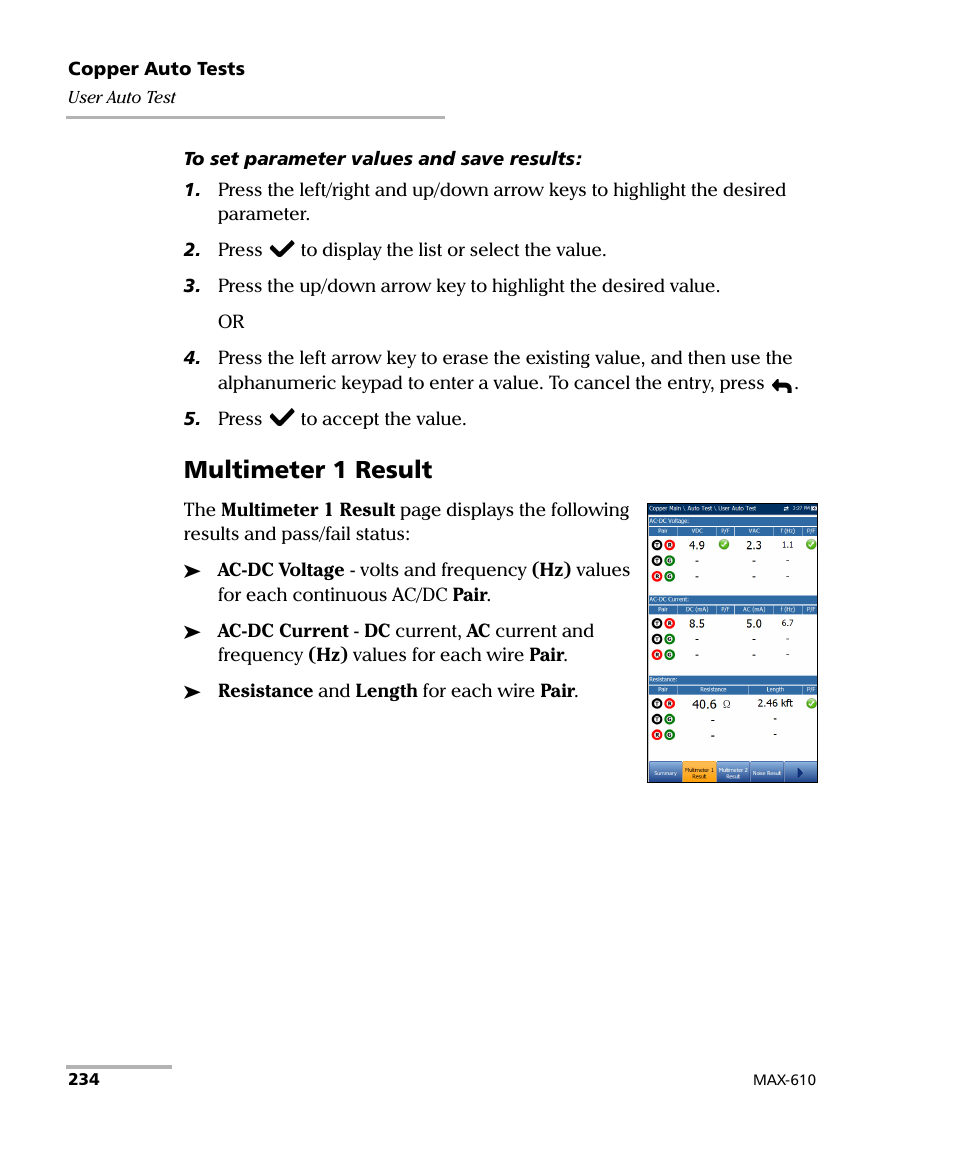 Multimeter 1 result | EXFO MaxTester MAX-610 User Manual | Page 242 / 281
