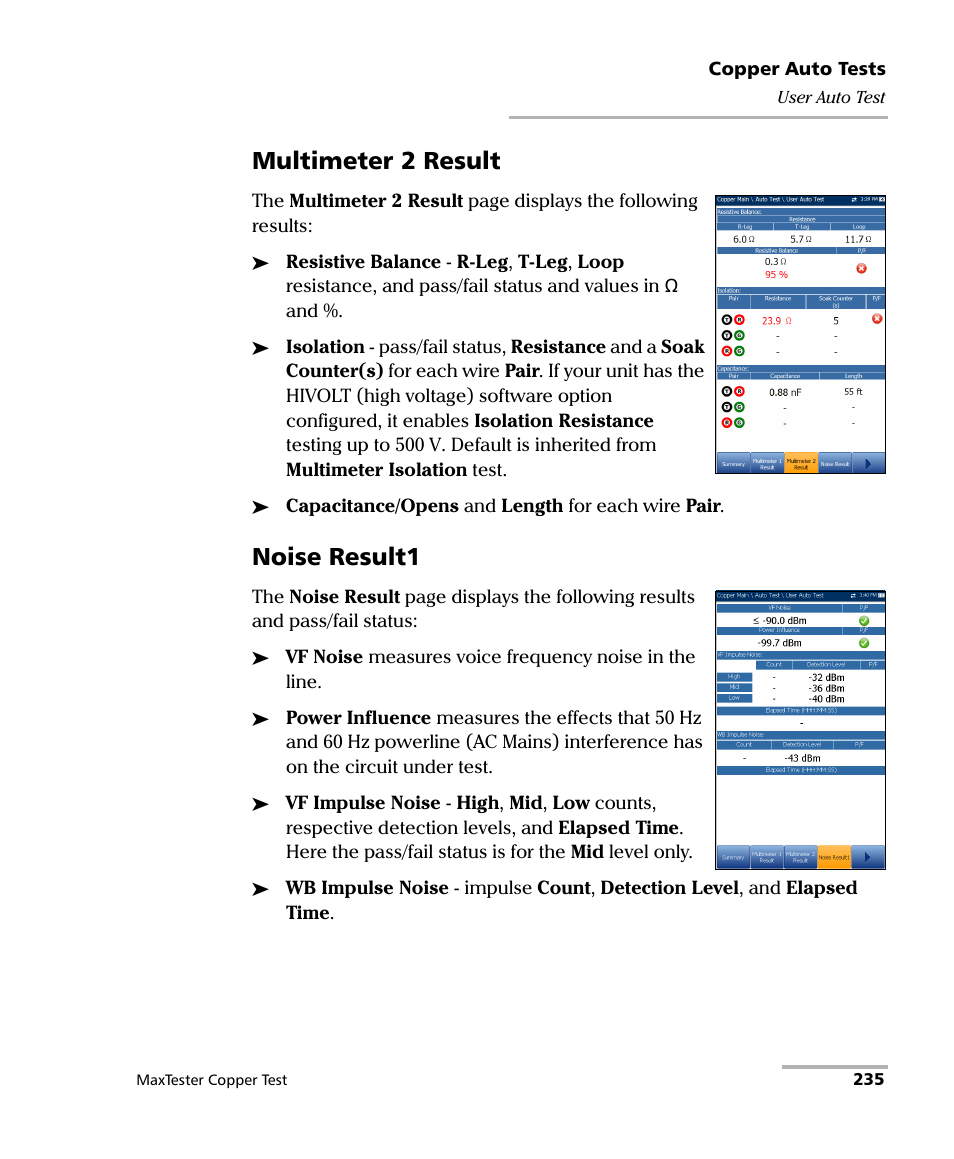 Multimeter 2 result, Noise result1 | EXFO MaxTester MAX-610 User Manual | Page 243 / 281