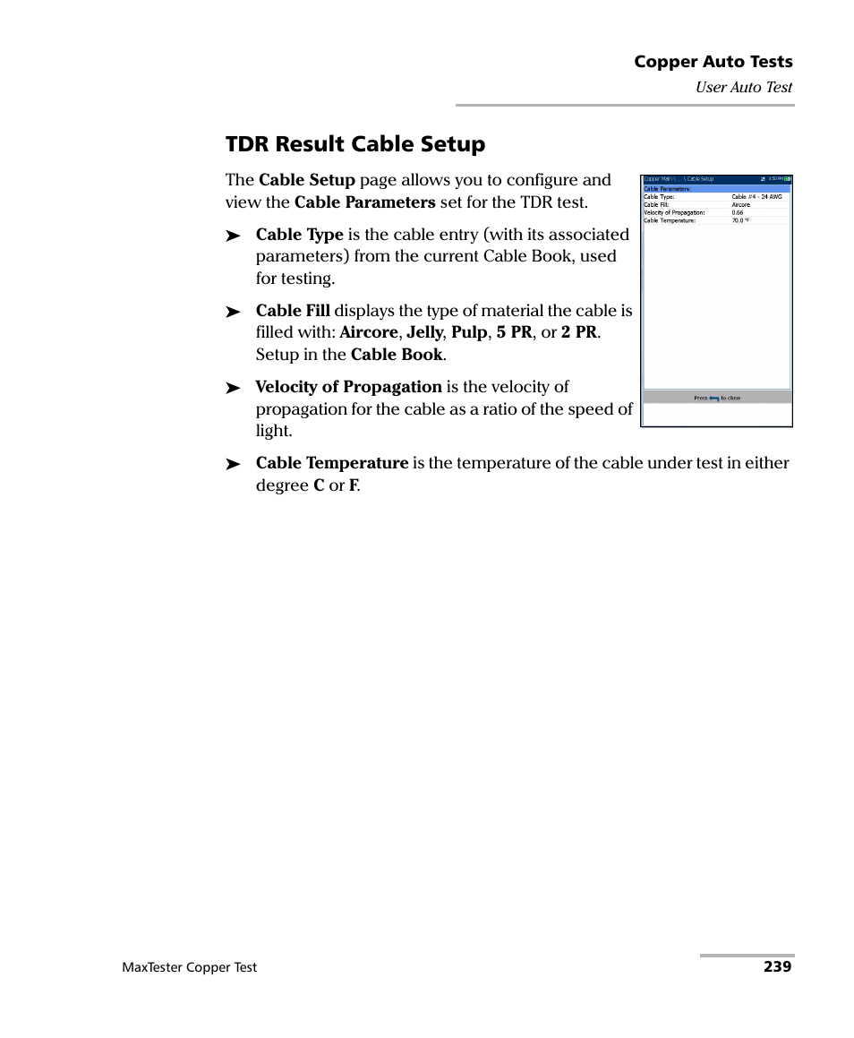 Tdr result cable setup | EXFO MaxTester MAX-610 User Manual | Page 247 / 281