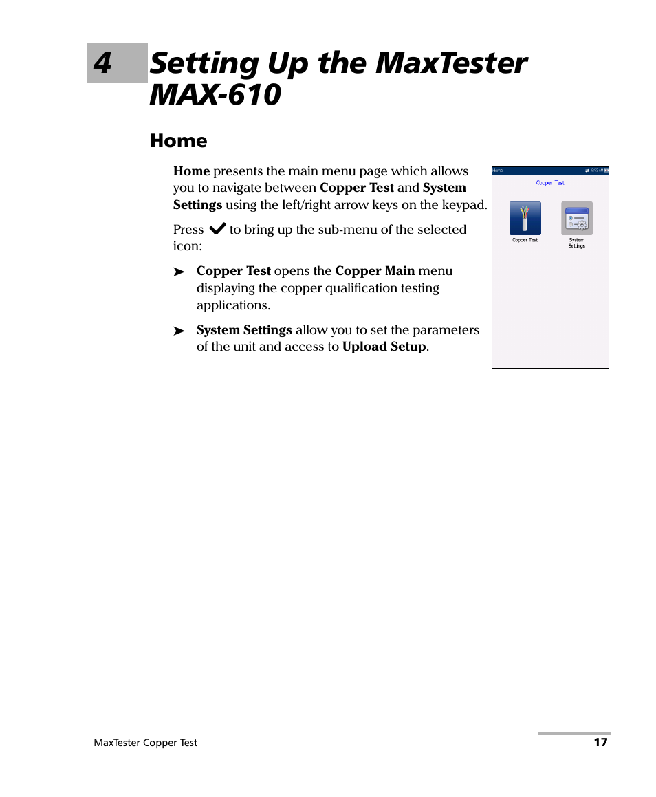 4 setting up the maxtester max-610, Home, 4setting up the maxtester max-610 | EXFO MaxTester MAX-610 User Manual | Page 25 / 281