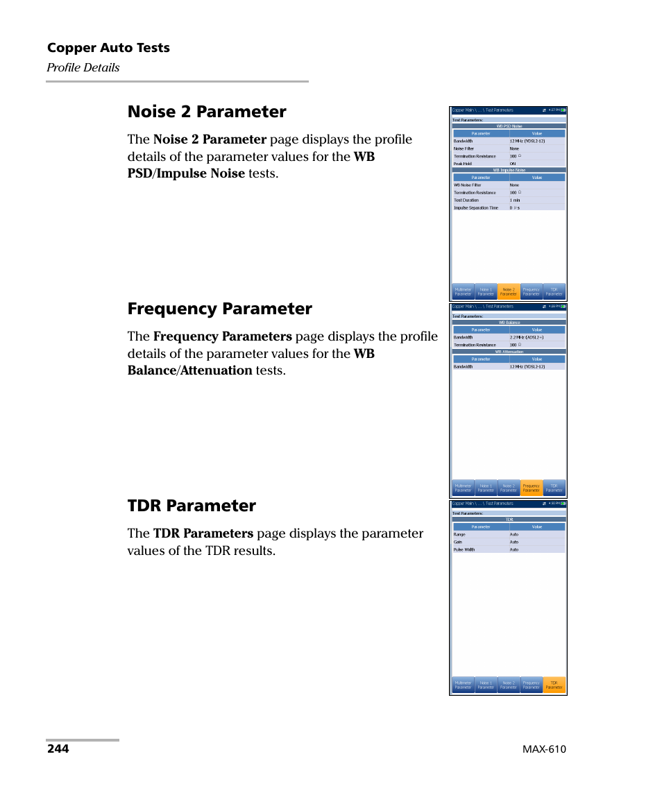 Noise 2 parameter, Frequency parameter, Tdr parameter | EXFO MaxTester MAX-610 User Manual | Page 252 / 281
