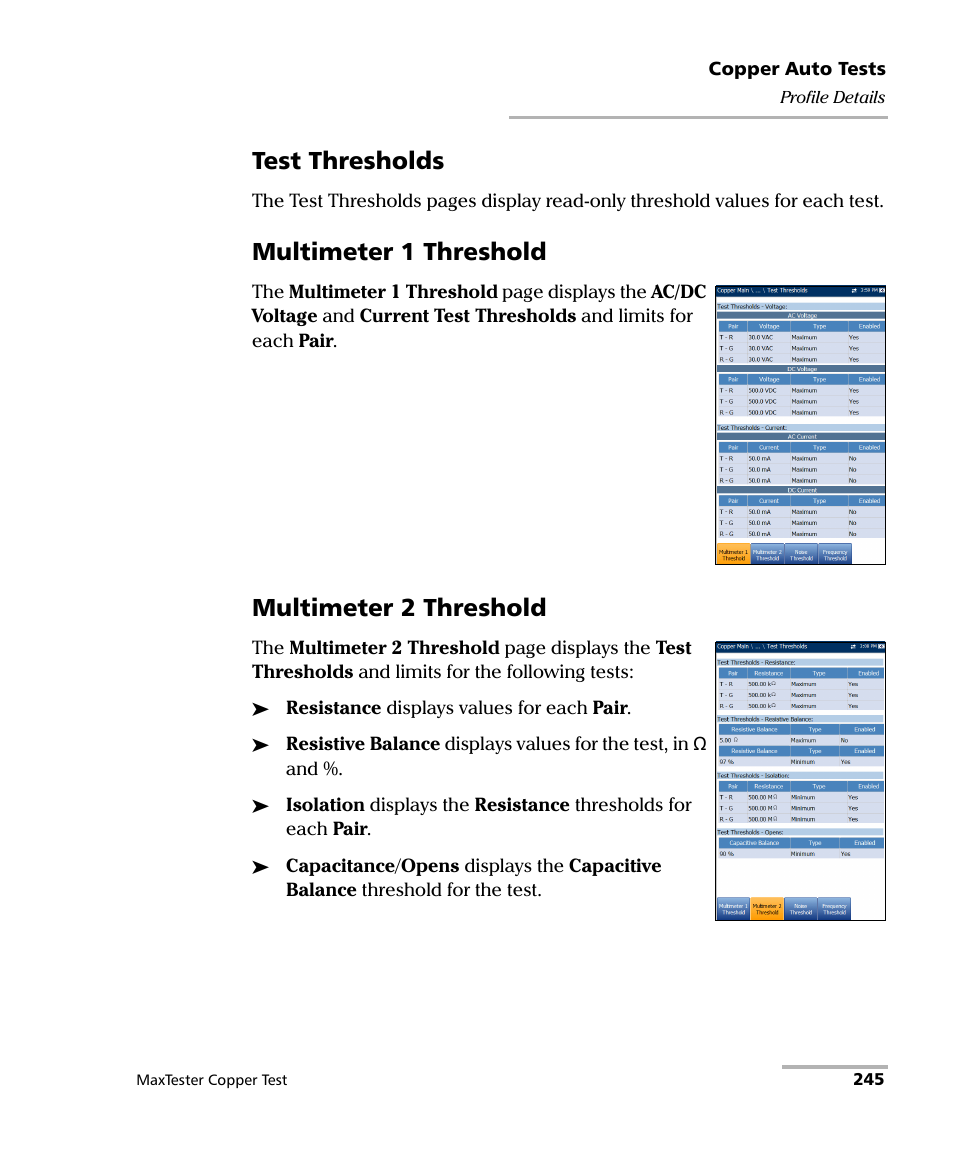 Test thresholds, Multimeter 1 threshold, Multimeter 2 threshold | EXFO MaxTester MAX-610 User Manual | Page 253 / 281