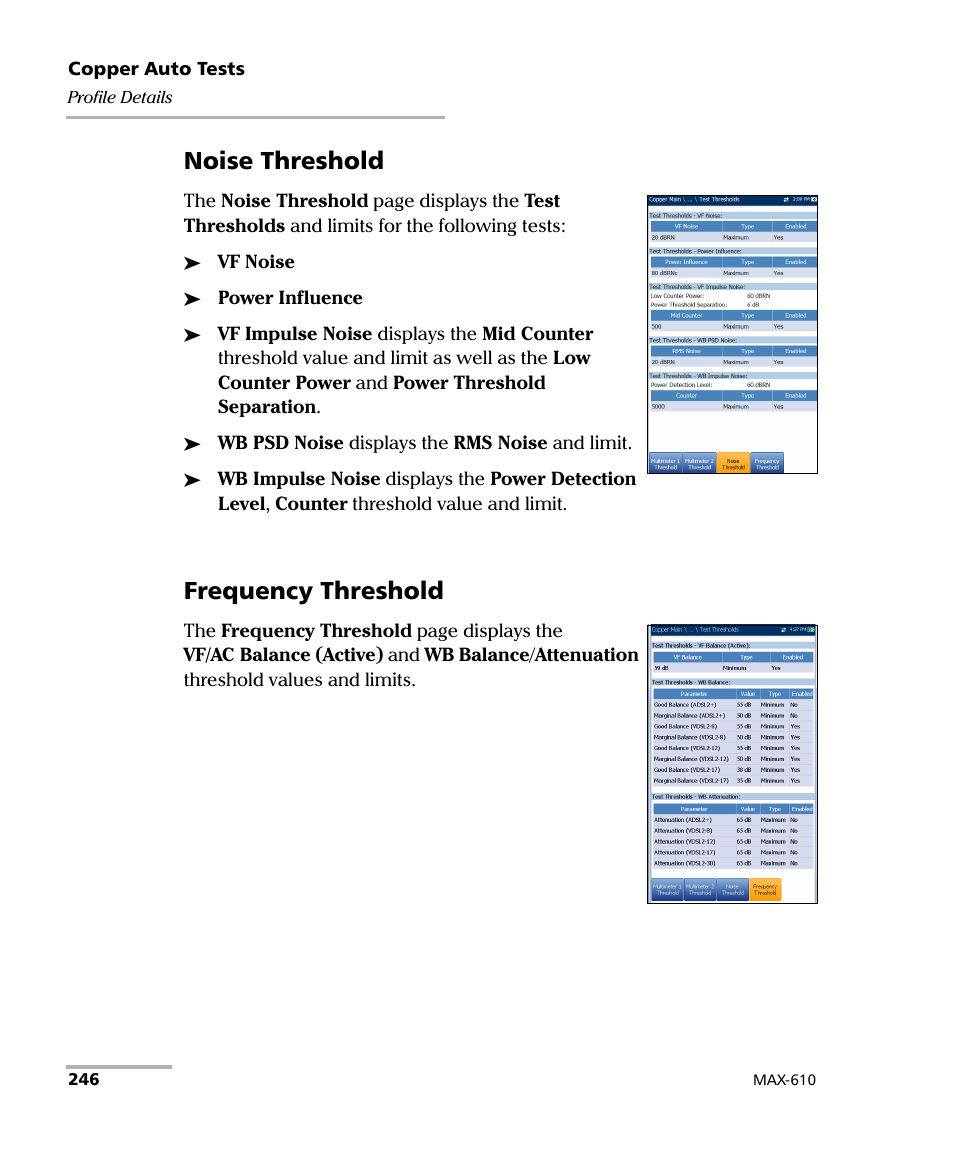 Noise threshold, Frequency threshold | EXFO MaxTester MAX-610 User Manual | Page 254 / 281