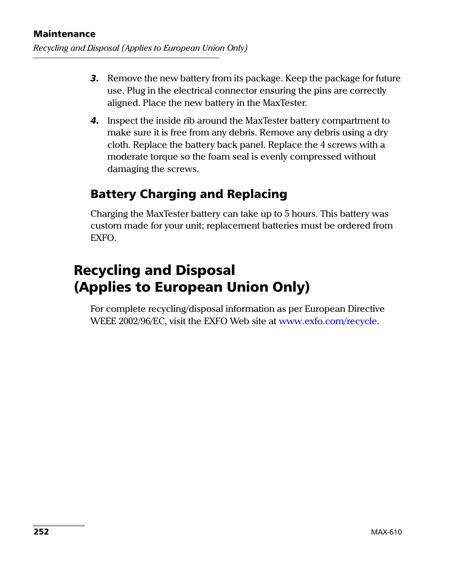 Battery charging and replacing | EXFO MaxTester MAX-610 User Manual | Page 260 / 281