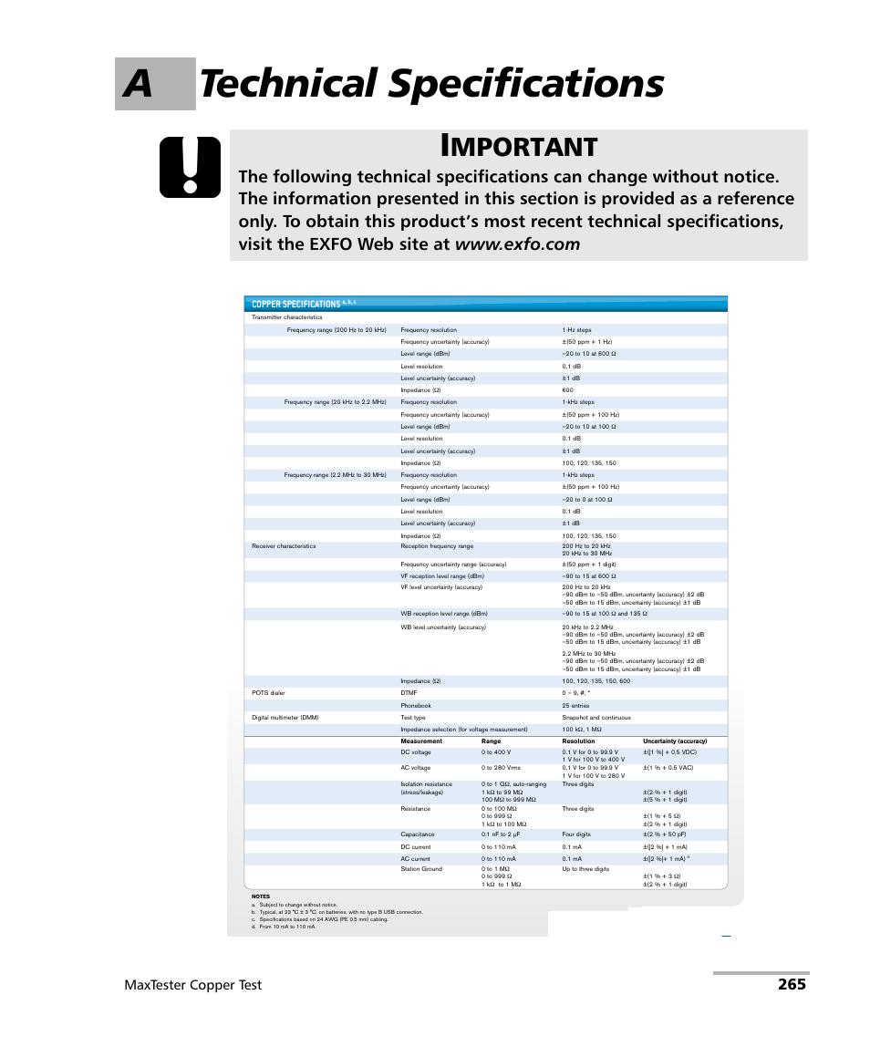 A technical specifications, Mportant, Maxtester copper test | Copper specifications | EXFO MaxTester MAX-610 User Manual | Page 273 / 281