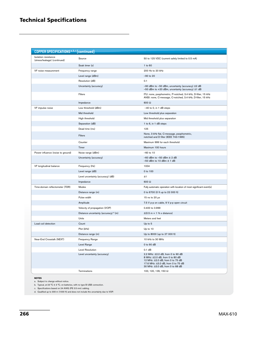 Technical specifications, Max-610, Copper specifications | Continued) | EXFO MaxTester MAX-610 User Manual | Page 274 / 281