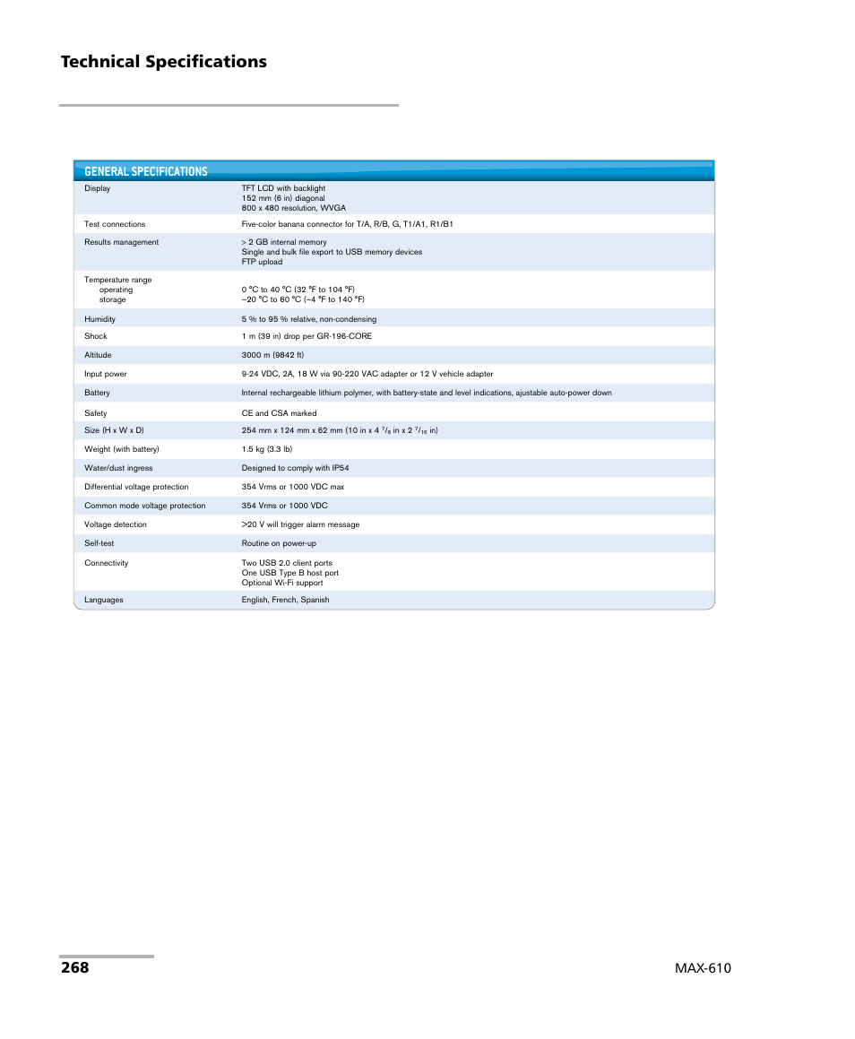 Technical specifications, Max-610 general specifications | EXFO MaxTester MAX-610 User Manual | Page 276 / 281