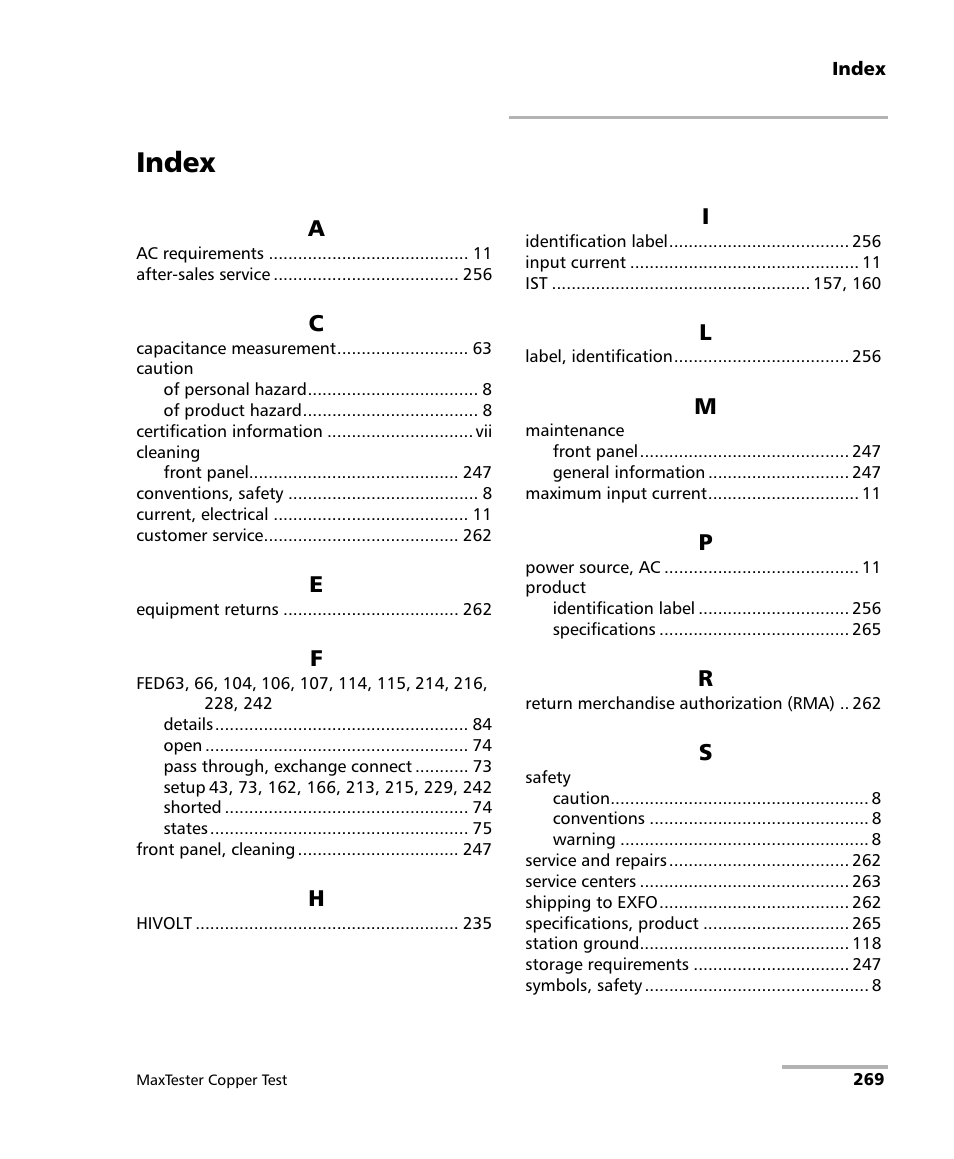 Index | EXFO MaxTester MAX-610 User Manual | Page 277 / 281