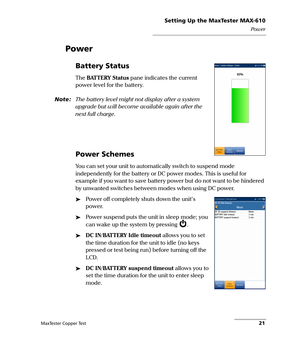 Power, Battery status, Power schemes | EXFO MaxTester MAX-610 User Manual | Page 29 / 281