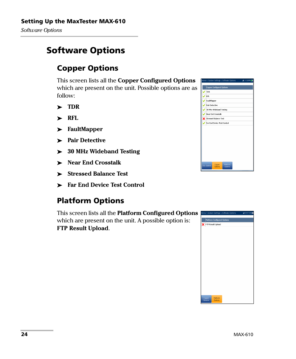 Software options, Copper options, Platform options | EXFO MaxTester MAX-610 User Manual | Page 32 / 281