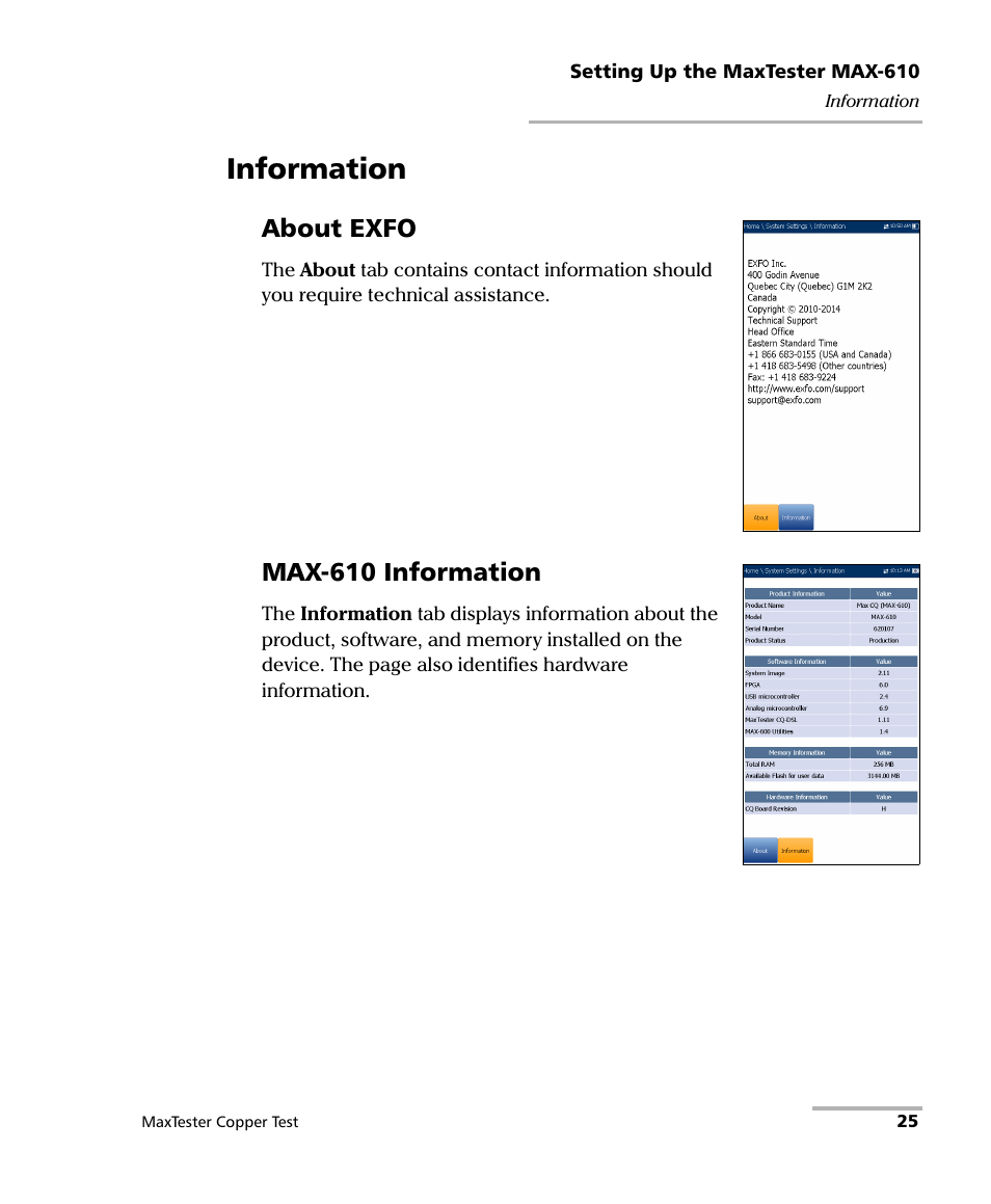 Information, About exfo, Max-610 information | EXFO MaxTester MAX-610 User Manual | Page 33 / 281
