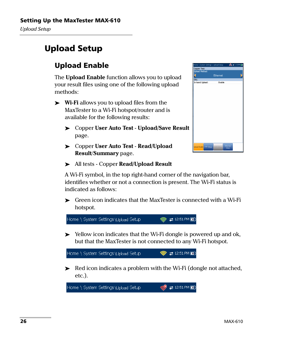 Upload setup, Upload enable | EXFO MaxTester MAX-610 User Manual | Page 34 / 281