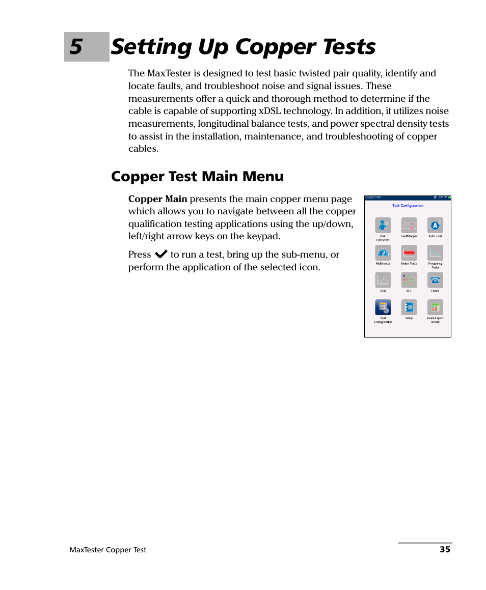 5 setting up copper tests, Copper test main menu, 5setting up copper tests | EXFO MaxTester MAX-610 User Manual | Page 43 / 281