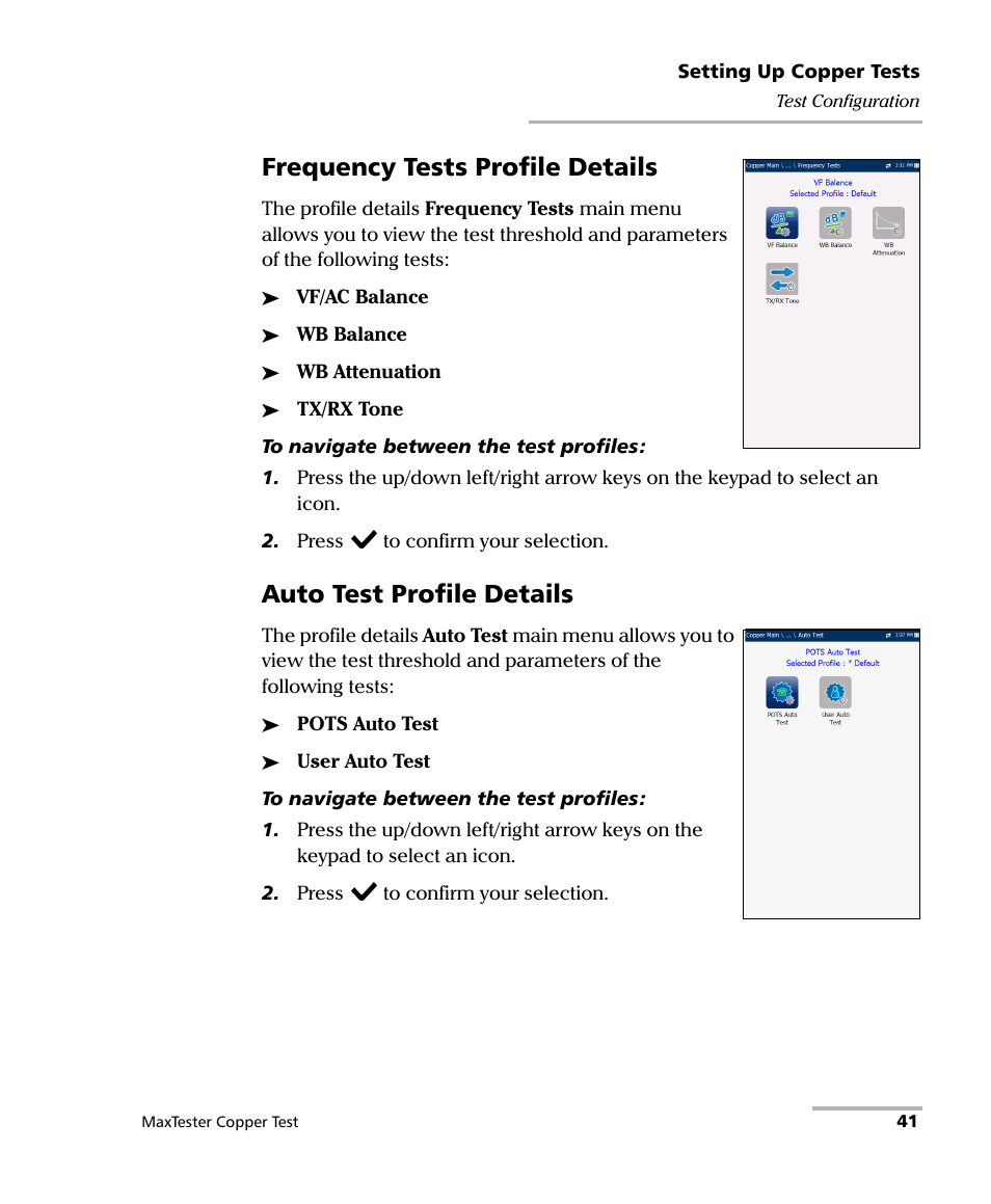 Frequency tests profile details, Auto test profile details | EXFO MaxTester MAX-610 User Manual | Page 49 / 281
