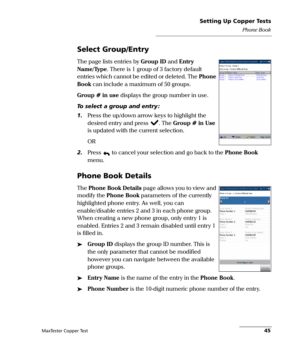 Select group/entry, Phone book details | EXFO MaxTester MAX-610 User Manual | Page 53 / 281