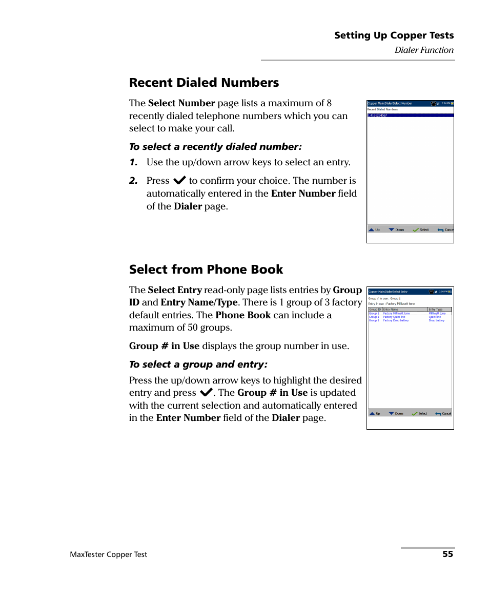 Recent dialed numbers, Select from phone book | EXFO MaxTester MAX-610 User Manual | Page 63 / 281