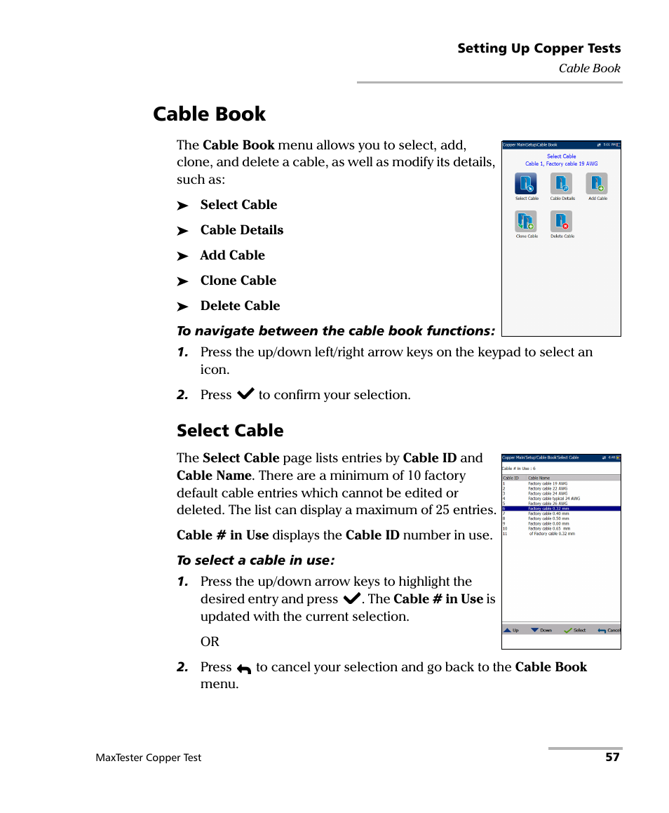 Cable book, Select cable | EXFO MaxTester MAX-610 User Manual | Page 65 / 281