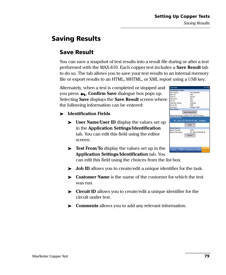 Saving results, Save result | EXFO MaxTester MAX-610 User Manual | Page 87 / 281
