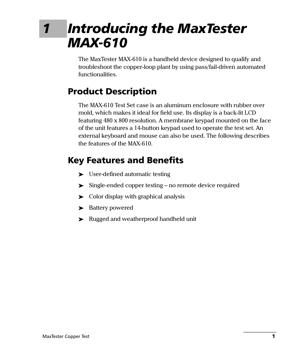 1 introducing the maxtester max-610, Product description, Key features and benefits | Product description key features and benefits, 1introducing the maxtester max-610 | EXFO MaxTester MAX-610 User Manual | Page 9 / 281