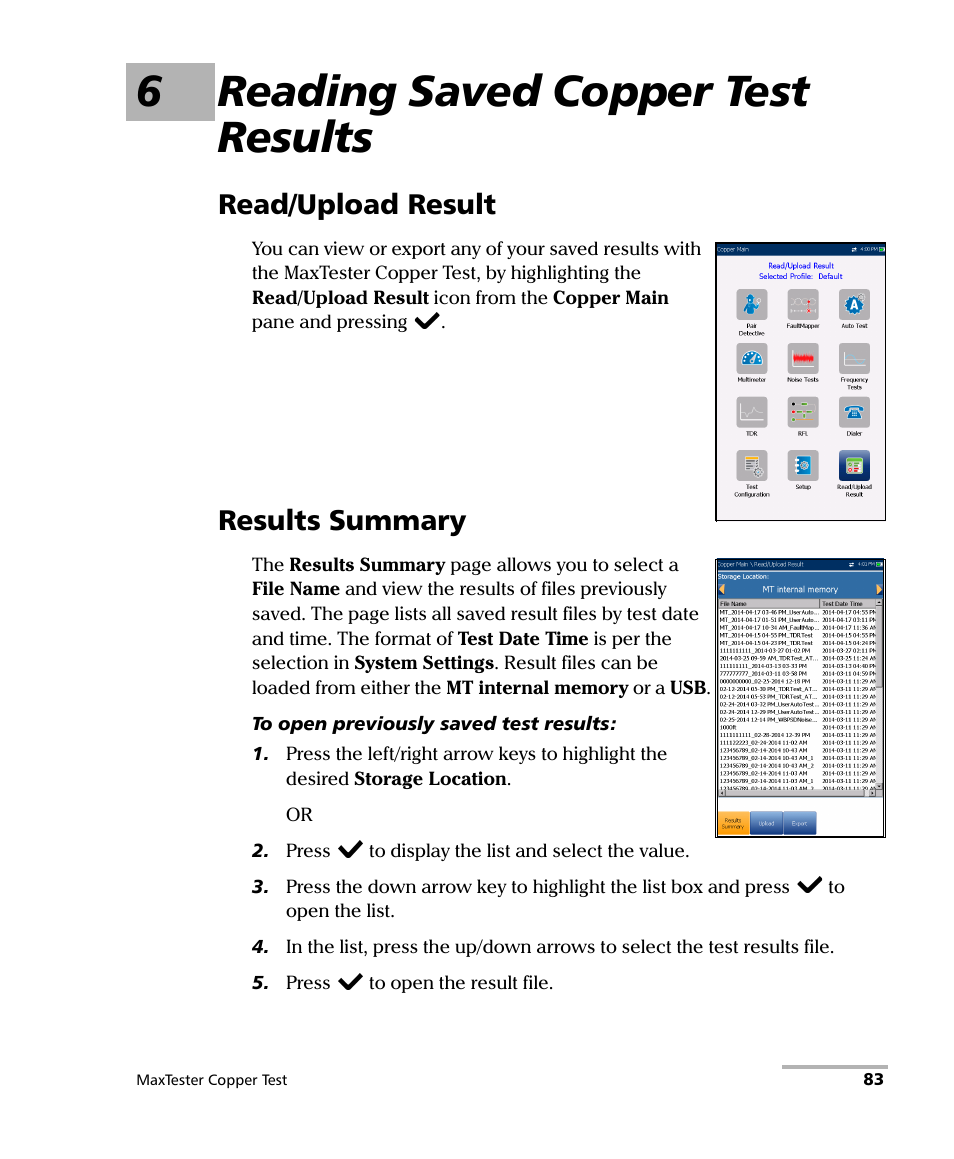 6 reading saved copper test results, Read/upload result, Results summary | Read/upload result results summary, 6reading saved copper test results | EXFO MaxTester MAX-610 User Manual | Page 91 / 281