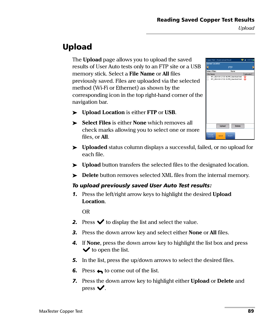 Upload | EXFO MaxTester MAX-610 User Manual | Page 97 / 281