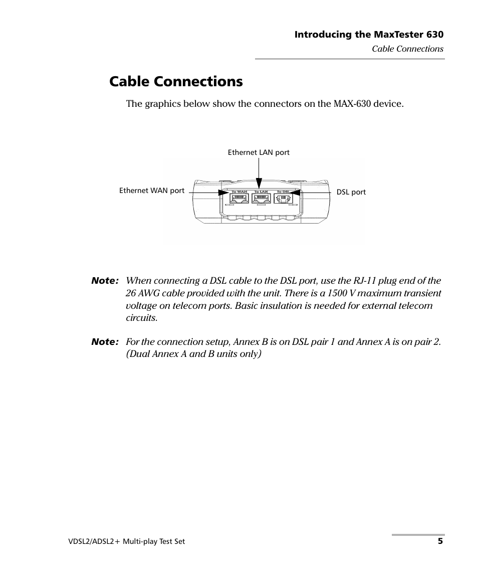 Cable connections | EXFO MaxTester MAX-630 User Manual | Page 11 / 135