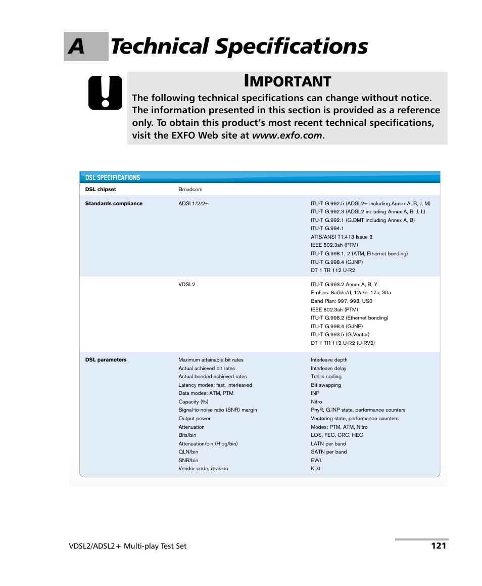 A technical specifications, Mportant | EXFO MaxTester MAX-630 User Manual | Page 127 / 135