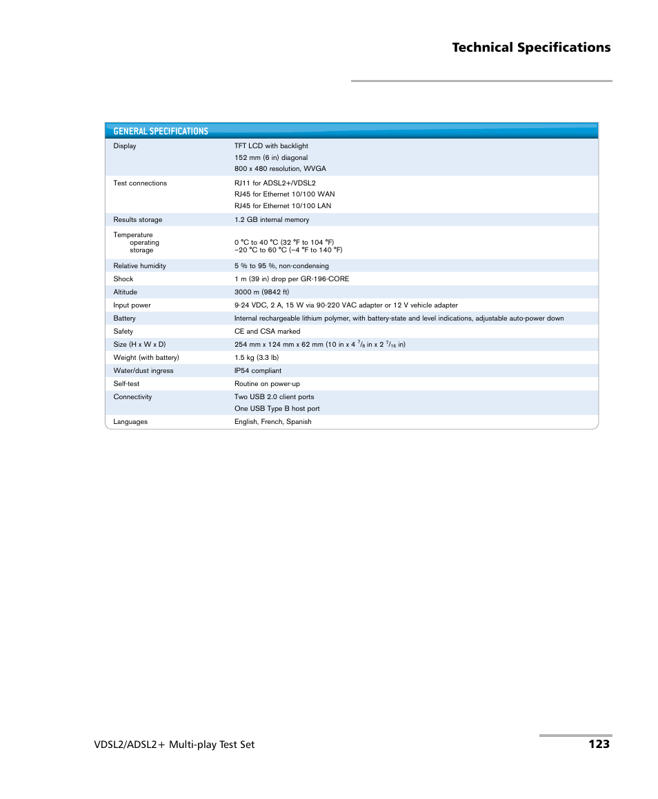 Technical specifications, Vdsl2/adsl2+ multi-play test set, General specifications | EXFO MaxTester MAX-630 User Manual | Page 129 / 135