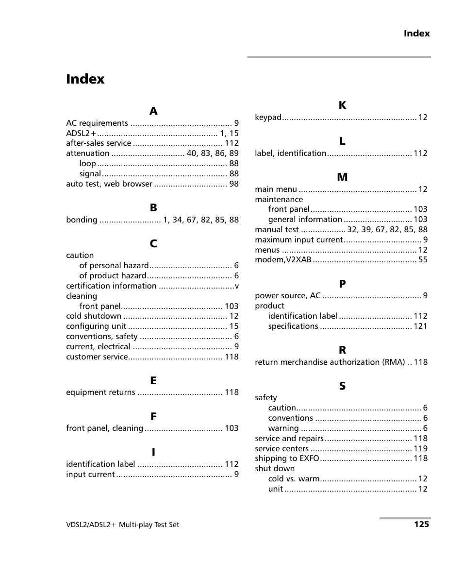 Index | EXFO MaxTester MAX-630 User Manual | Page 131 / 135