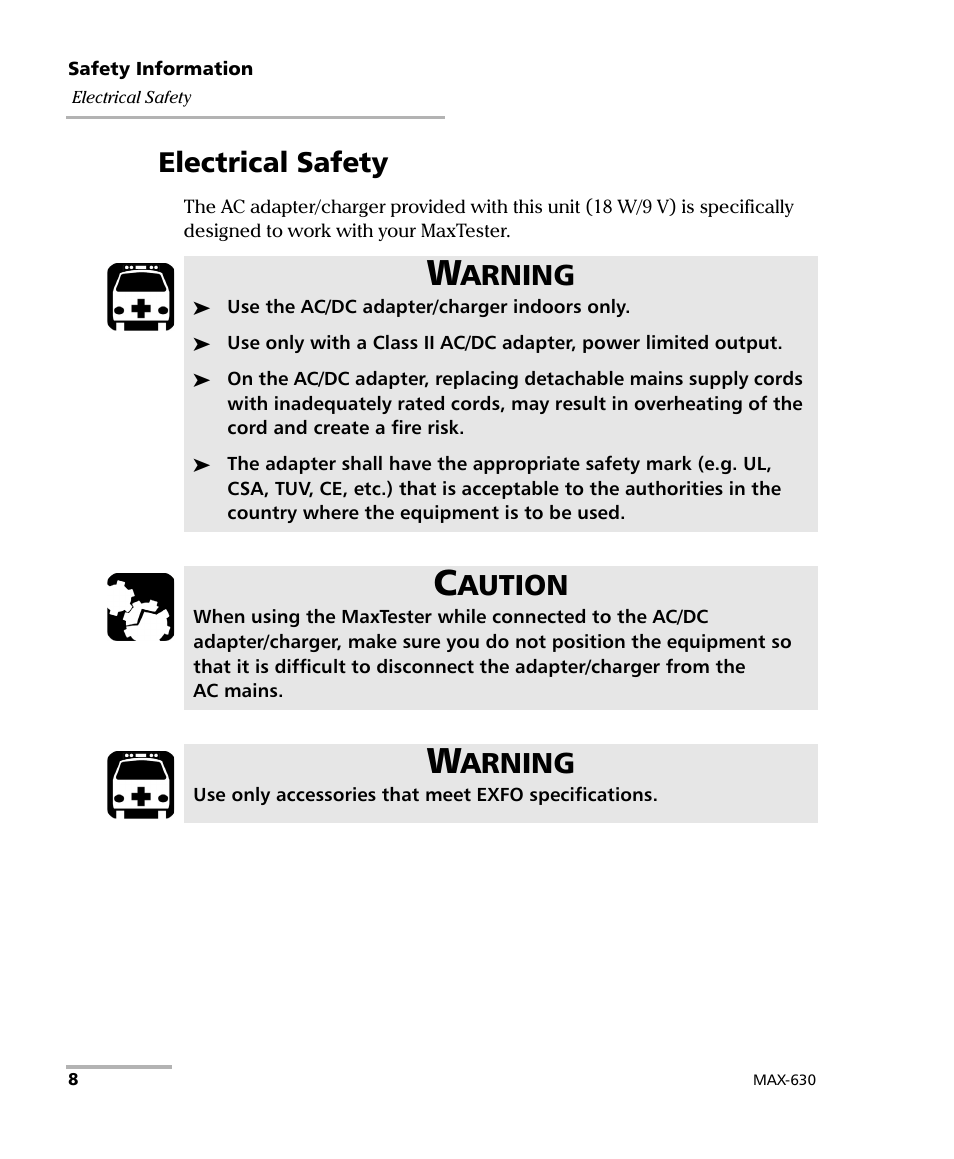Electrical safety, Arning, Aution | EXFO MaxTester MAX-630 User Manual | Page 14 / 135