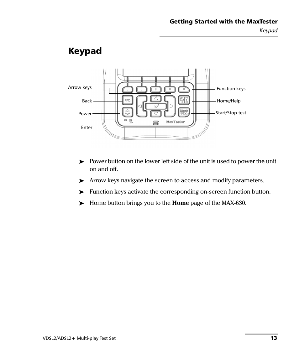 Keypad | EXFO MaxTester MAX-630 User Manual | Page 19 / 135