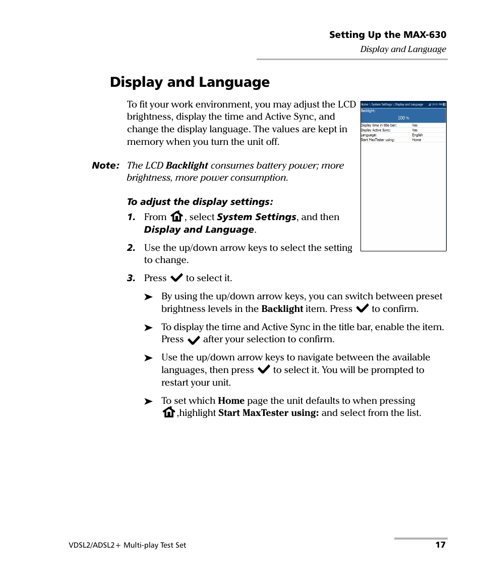 Display and language | EXFO MaxTester MAX-630 User Manual | Page 23 / 135