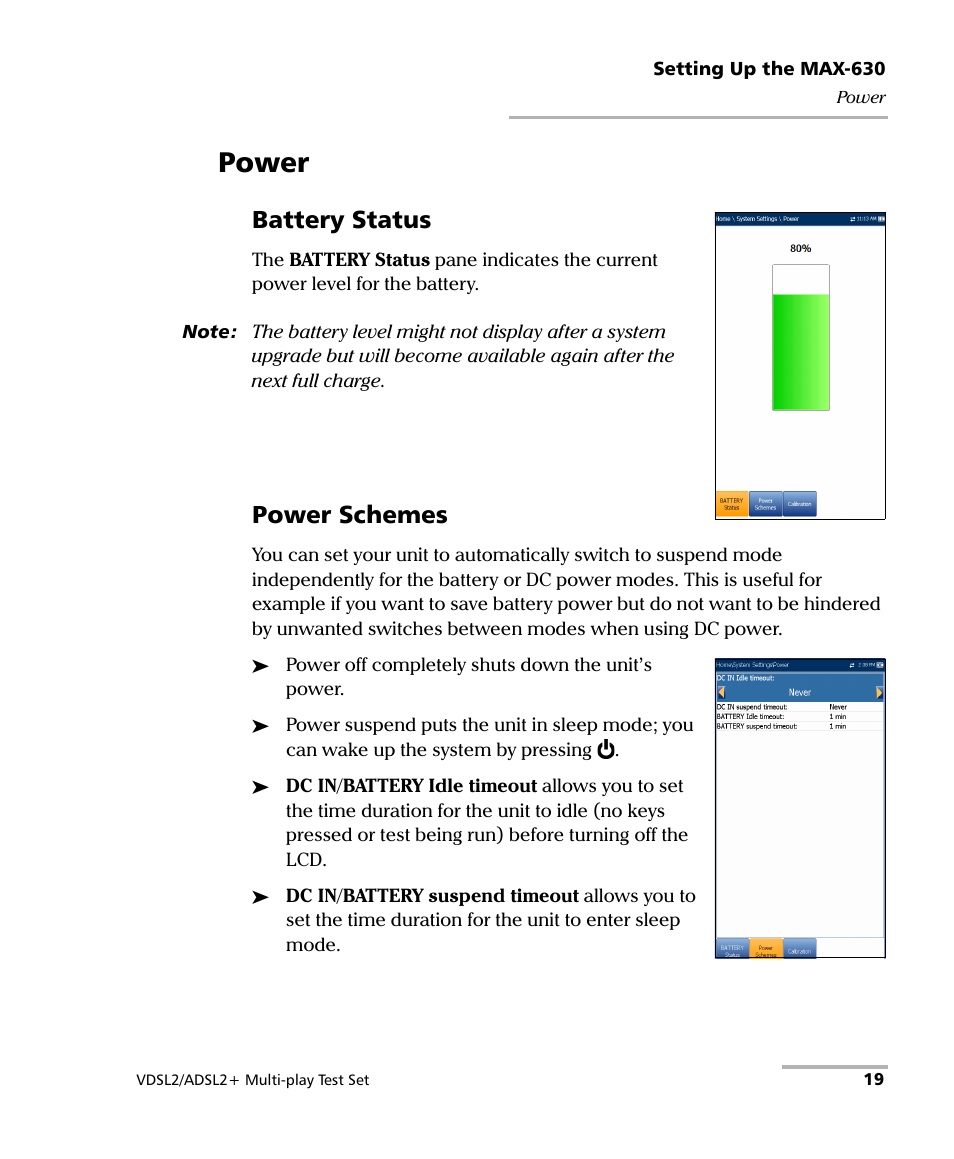 Power, Battery status, Power schemes | EXFO MaxTester MAX-630 User Manual | Page 25 / 135