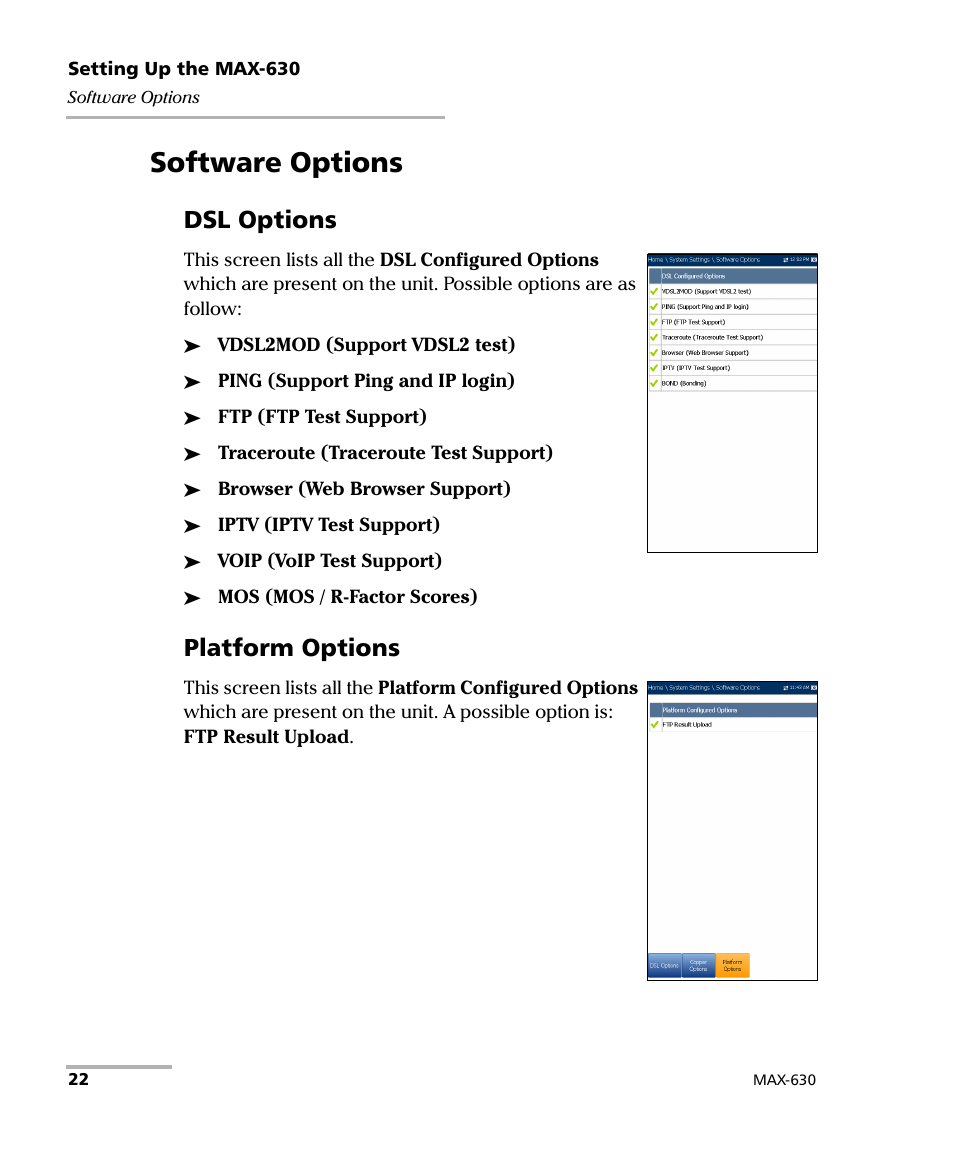 Software options, Dsl options, Platform options | EXFO MaxTester MAX-630 User Manual | Page 28 / 135