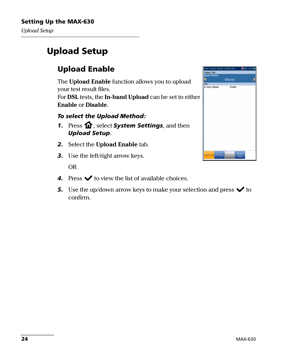 Upload setup, Upload enable | EXFO MaxTester MAX-630 User Manual | Page 30 / 135