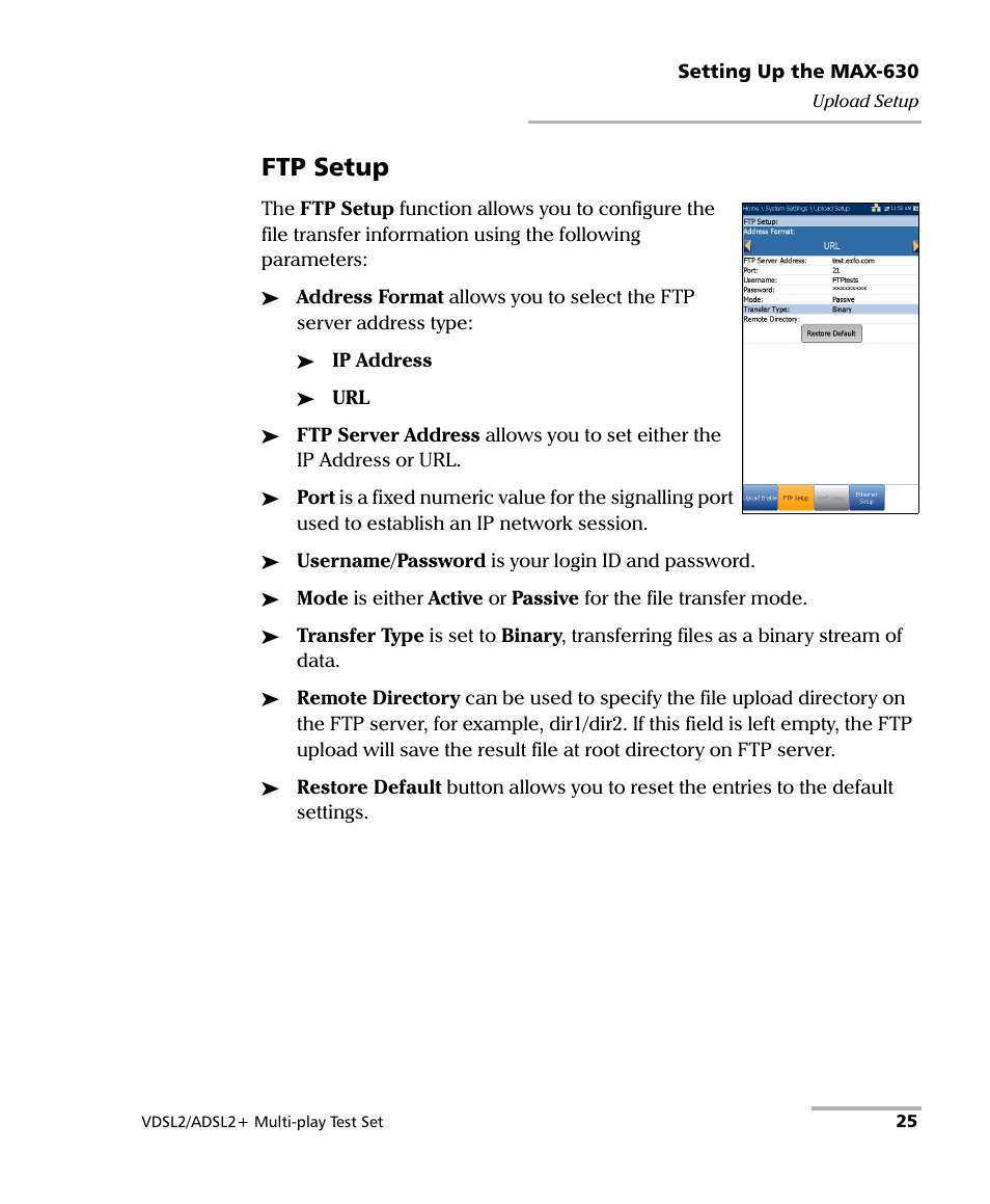 Ftp setup | EXFO MaxTester MAX-630 User Manual | Page 31 / 135