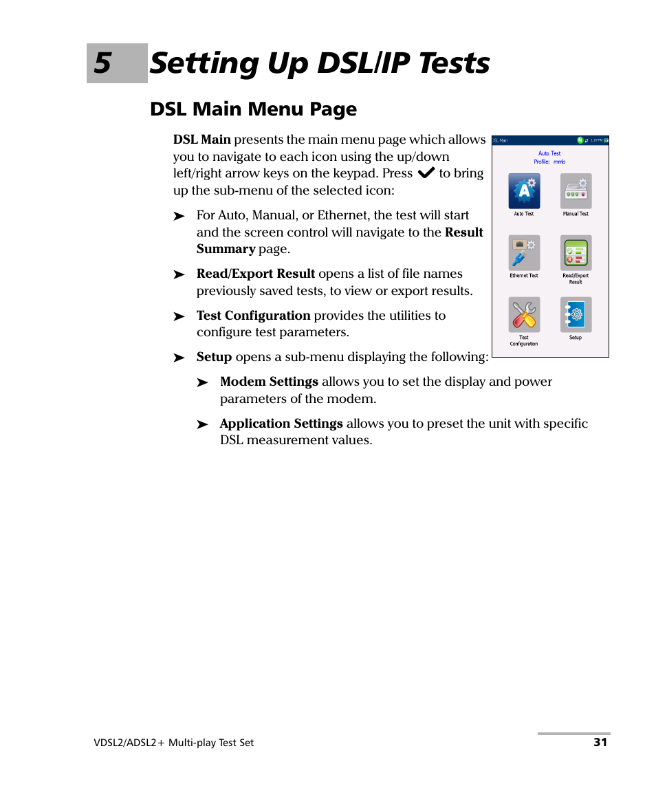 5 setting up dsl/ip tests, 5setting up dsl/ip tests, Dsl main menu page | EXFO MaxTester MAX-630 User Manual | Page 37 / 135