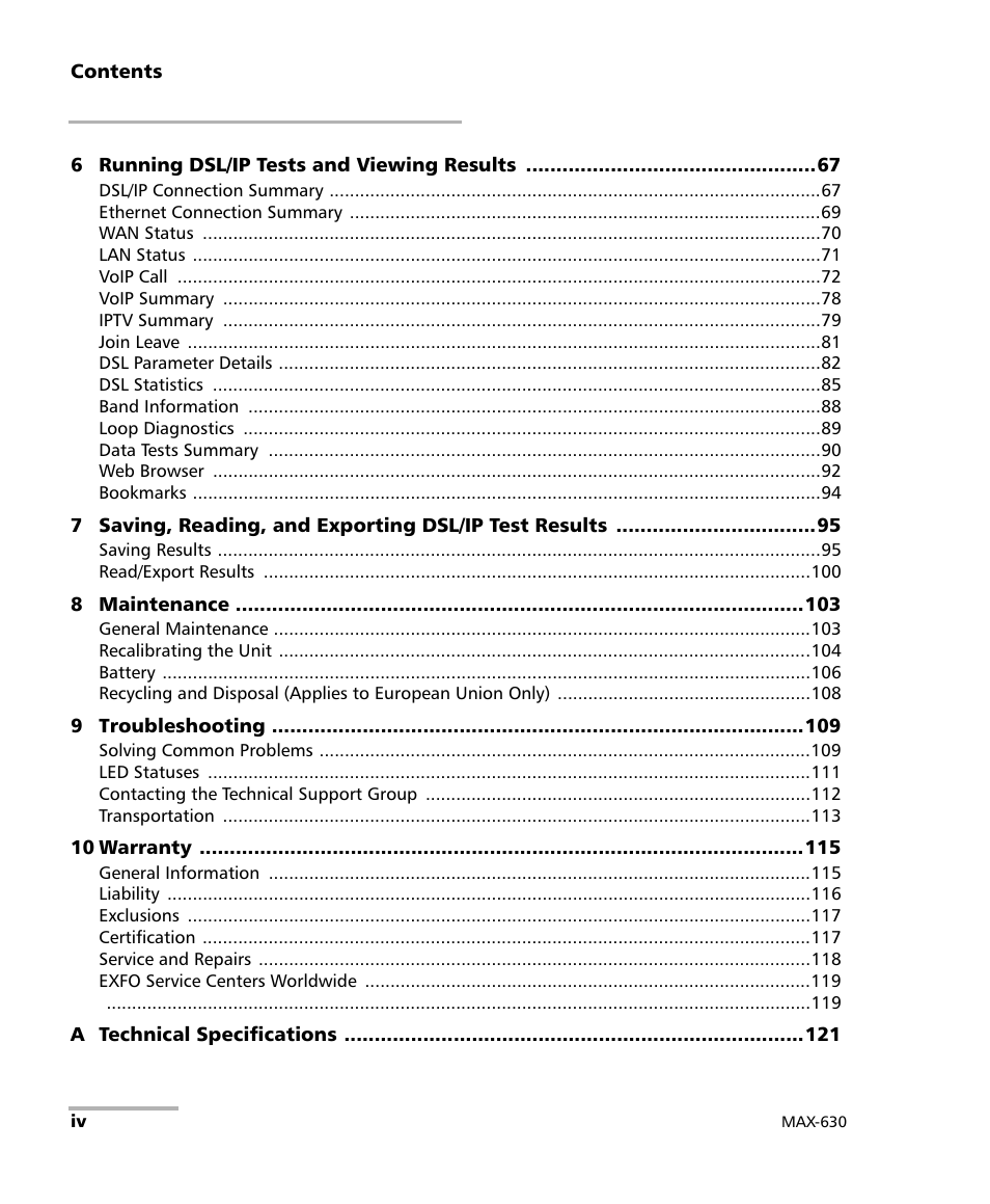 EXFO MaxTester MAX-630 User Manual | Page 4 / 135