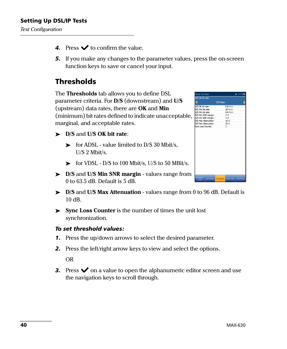 Thresholds | EXFO MaxTester MAX-630 User Manual | Page 46 / 135