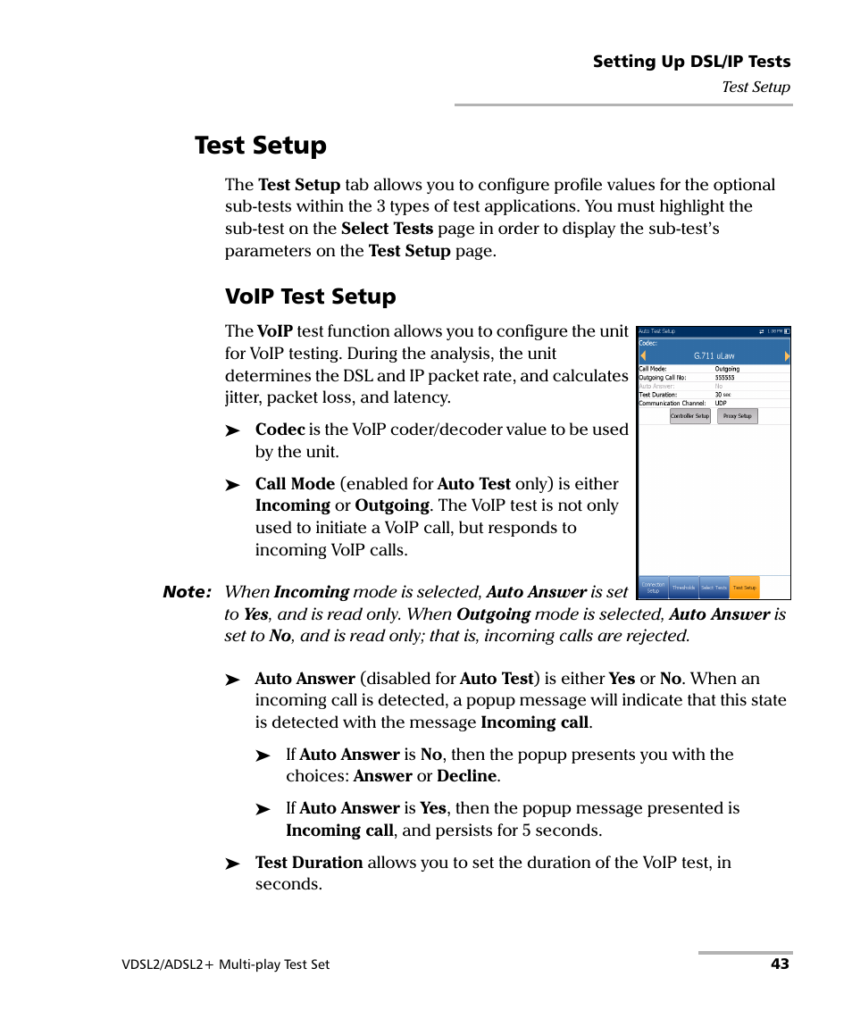 Test setup, Voip test setup | EXFO MaxTester MAX-630 User Manual | Page 49 / 135