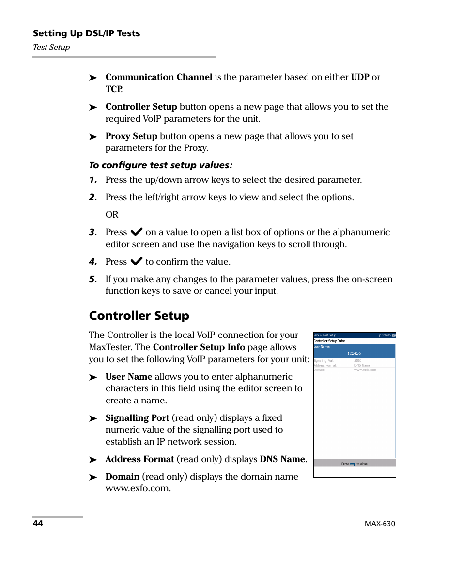 Controller setup | EXFO MaxTester MAX-630 User Manual | Page 50 / 135