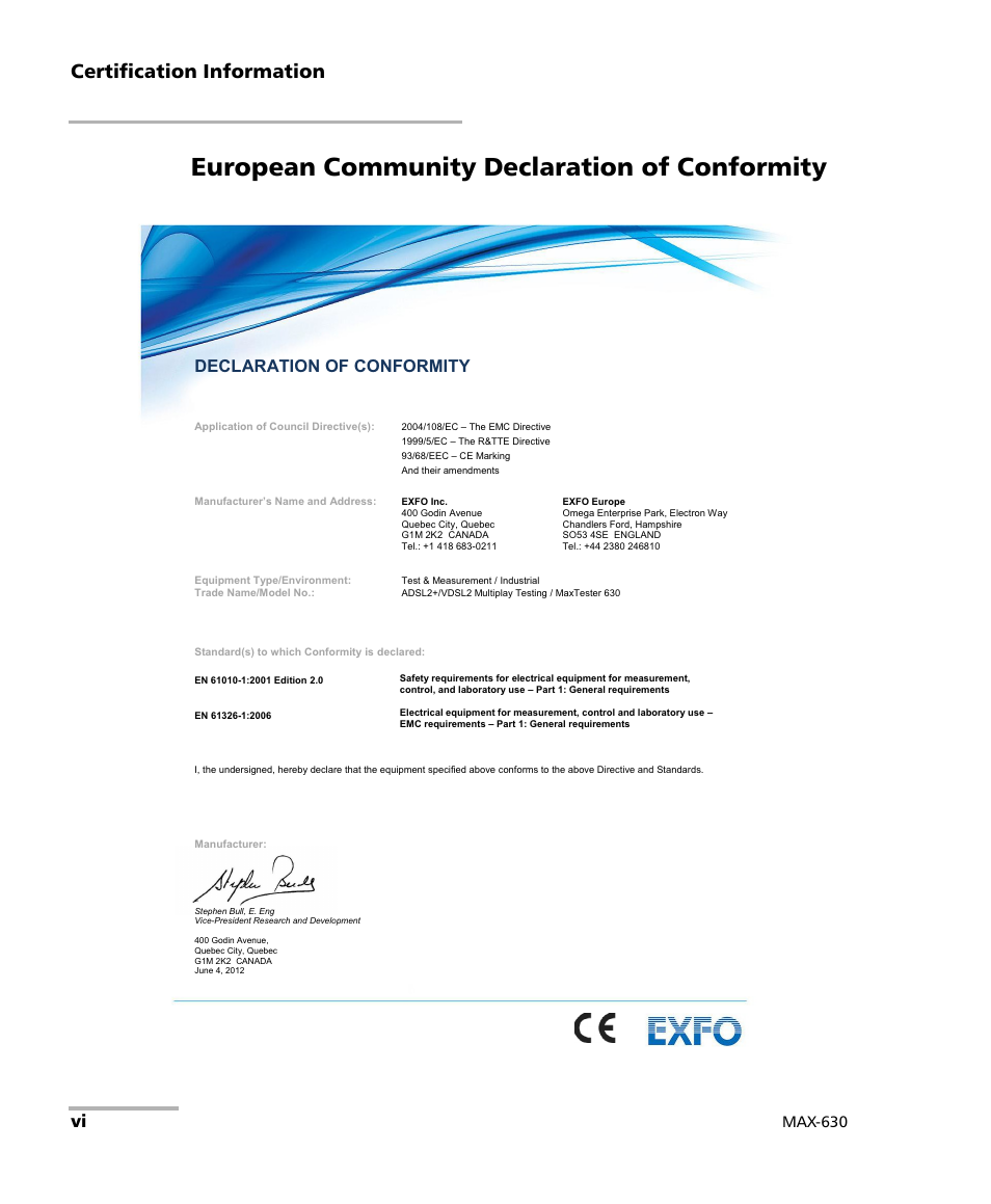 European community declaration of conformity, Certification information, Declaration of conformity | Max-630 | EXFO MaxTester MAX-630 User Manual | Page 6 / 135